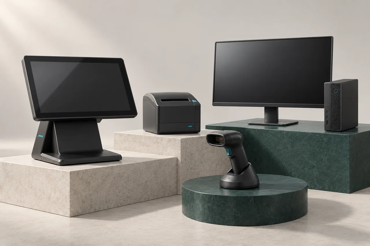 Studio illustration of a POS terminal, receipt printer, barcode scanner and desktop workstation